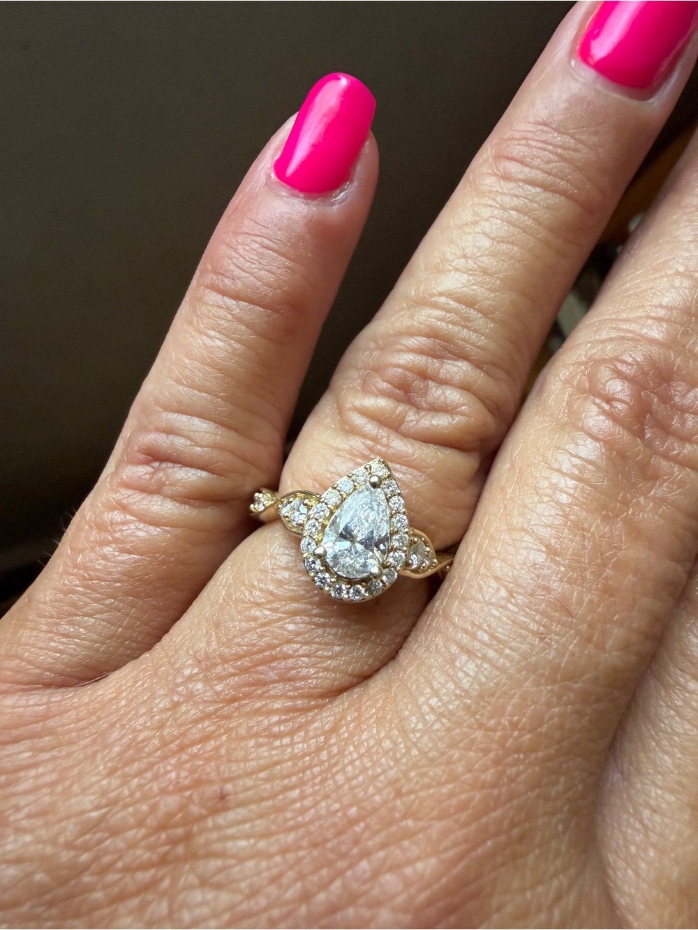 Sparkling Lab grown Gold Pear-Cut Halo Diamond Ring in 10k Gold